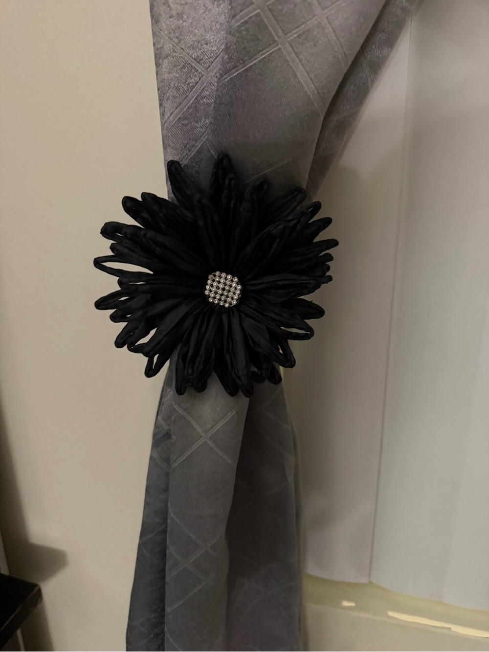 Pair or 2 - Black Floral Curtain Tieback with Rhinestone Center